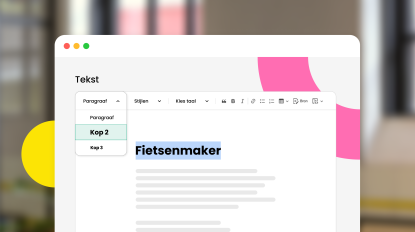 WYSIWYG editor waarin een kop 2 wordt geselecteerd voor 'fietsenmaker'
